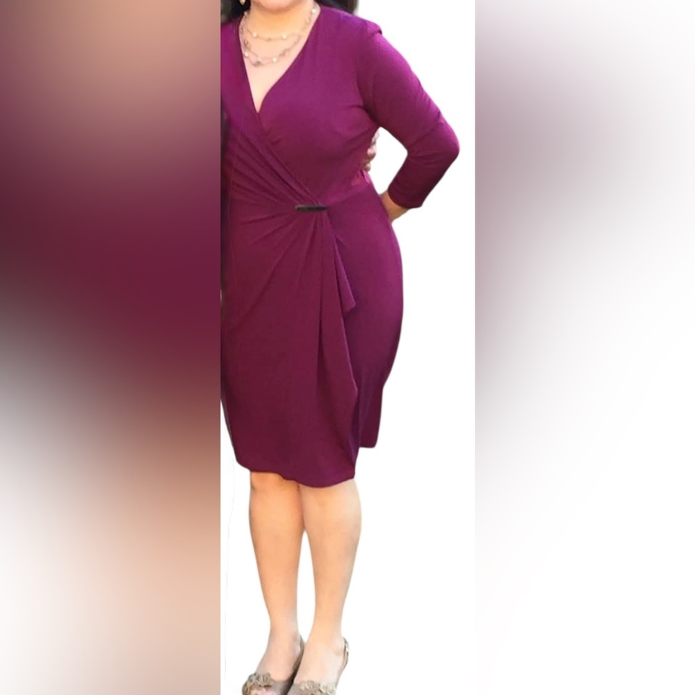 Roz & Ali Size 12 Plum Wrap Dress 3/4 sleeve V Neck
